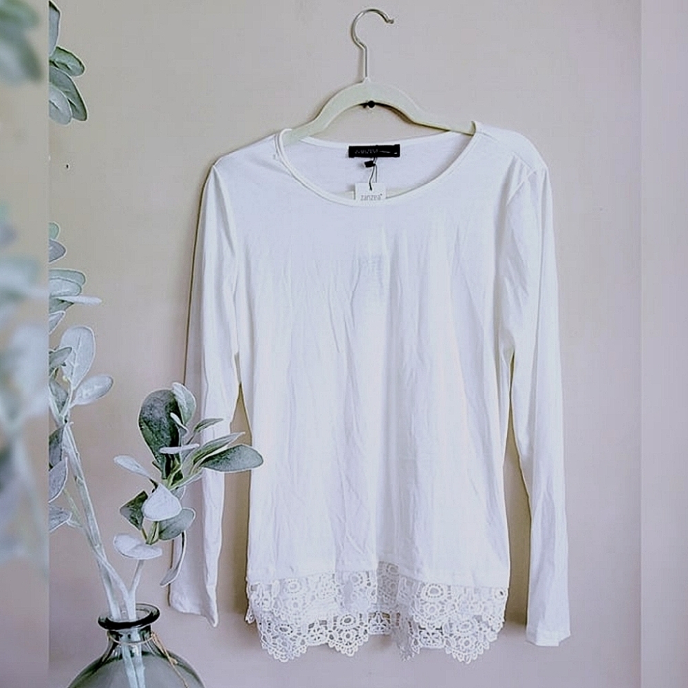 Zanzea White Lace-Hem Long Sleeve Shirt (S) NWT